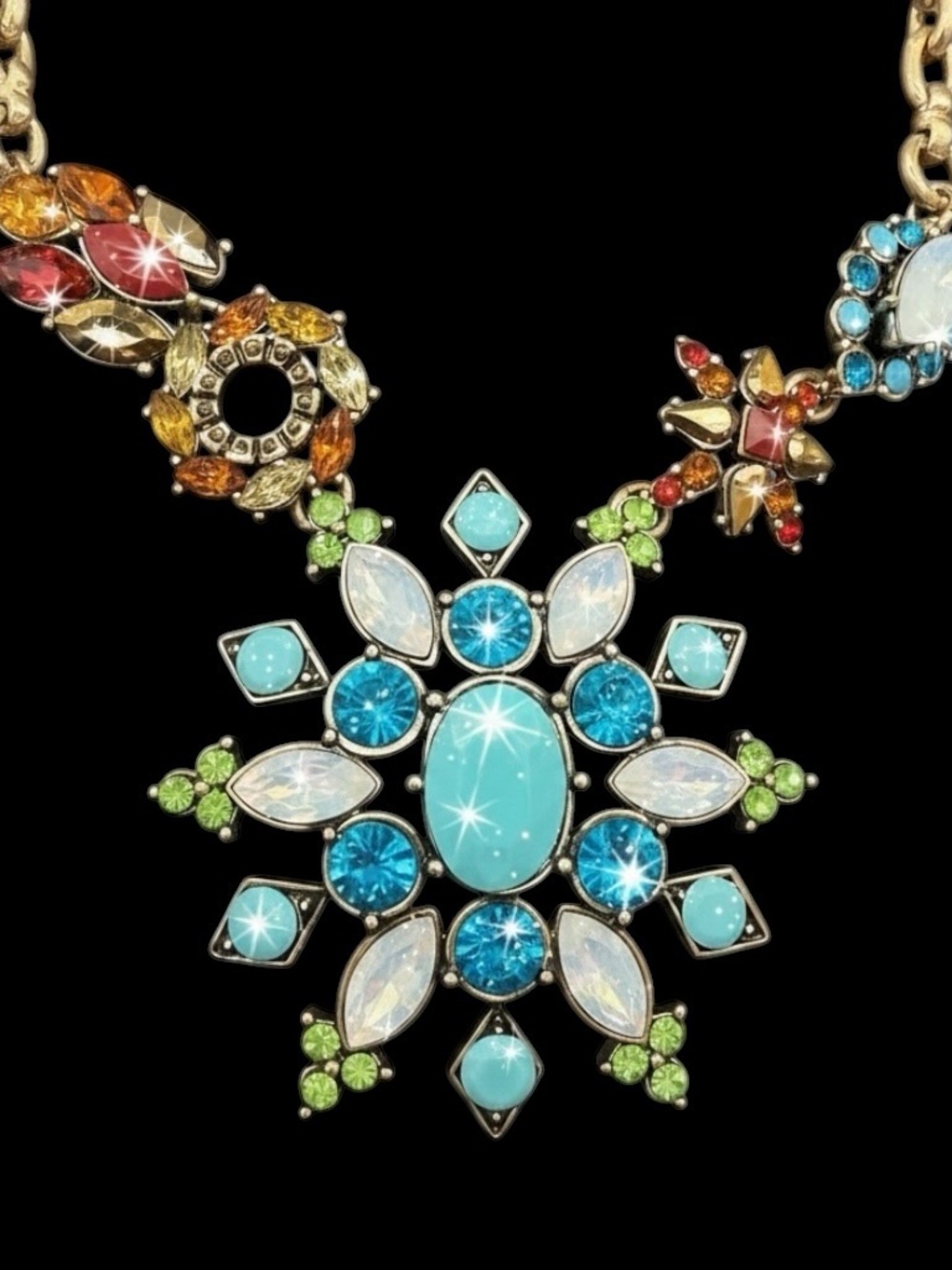 Multi-colored crystal goldtoned floral starburst link necklace 18"-20" Turquoise